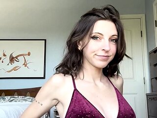 Busty curly brunette with big boobs fucks on couch