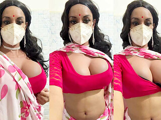 Crossdresser in Pink Saree Big Boobs