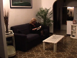 Mature blonde cougar stepsister rides and pounds her stepson's dick