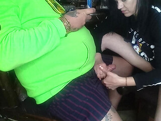 Giving him a handjob with his cum al over my hands