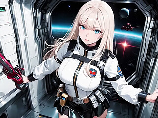 Inside a futuristic spaceship, a stunning anime character in a white