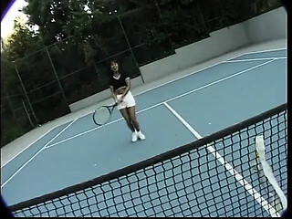 Hot stud bangs two sexy babes hard in the tennis court