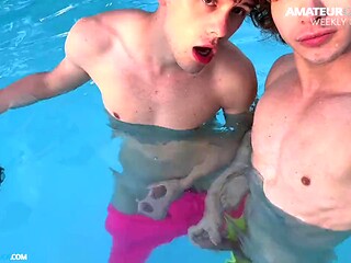 Liam Holland Strokes Zac Steele Underwater Poolside While Caruso Rainbow Swims Around