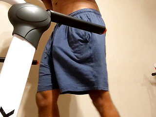 Candid View British Roadman Wearing Tight Blue Shorts Bulge On Treadmill
