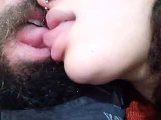 Naughty tongue POV dancing in a sexy and exciting kiss with the slut jerking off his hard cock