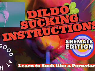 Dildo sucking instructions, the shemale has a big tasty cock and you are going to suck it