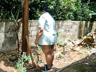 Nudist Planting Trees on Global Nude Gardening Day. Taking Shower Outdoor After Planting Trees.
