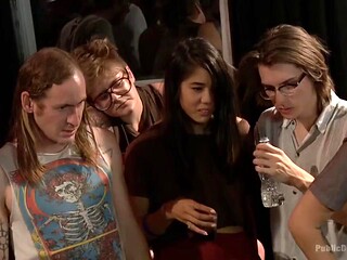 Bondage Fisting for Pretty Brunette in Wild Outdoor Gangbang