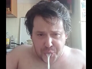 A gay man has produced a portion of fresh sperm from his penis! Eating fresh cum! Pours cum on my face!