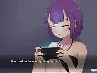 Cute girl in a swimsuit faces the Grim Reaper in an anime visual novel game