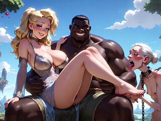 Old Granny Humiliated Licking Young Woman Feet - Sitting on Muscular Black Bull Lap