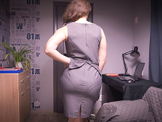 Secretary in Gray Dress Teases Full Back Panty Lines