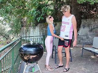 Distressed Stepaunt Seduces and Fucks Virgin Stepnephew to Convince Him to Help Her with the Bbq Before the Guests Arrive