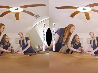 Blonde bombshells share a lucky cock in VR massage session