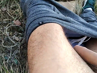 Bold Exhibitionist with Nice Fat Cock Masturbates in the Middle of the Road