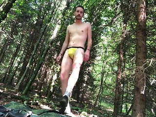 Ethan striptease to cum in the forest