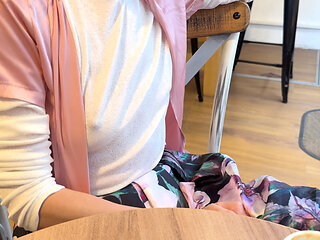 Extremely sexy white sheer blouse exposing my big hard pierced nipples in a coffee shop