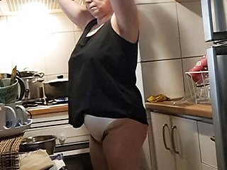 wife, in the kitchen without panties, washing tiles and...