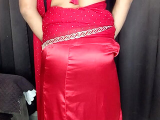 Indian sissy wearing hot red saree and red peticot
