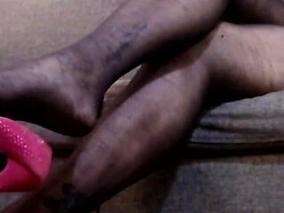 Black Nylon Pantyhose Dangling Hot Pink Heels