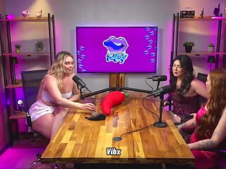 Hot blonde plays with big dildos during live podcast session