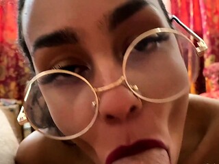 Tan brunette sucks a big cock POV