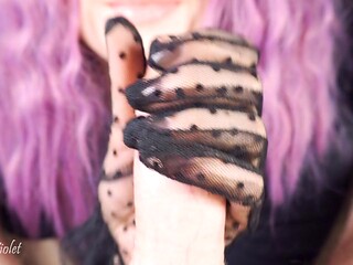 Amateur GF gives a speedy handjob in black lace gloves