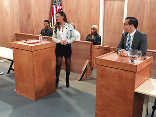 Hot Brunette In The Courtroom Gangbang With Eight Cocks