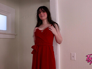TGIRLPOSTOP Trans Woman Happily Touches Herself on Gray Fur Stool with a Big Smile