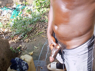 Massive and Hard 5 Minutes BBC Cumshot Behind Neighbors Outdoor Bathroom