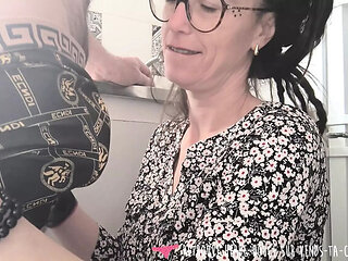 French amateur brunette gives sloppy deep throat blowjob and swallows all cum