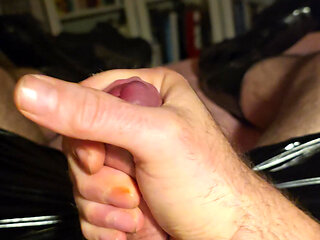 Horny Bear masturbates in Rubber Boots and Rubber Shorts, cums twice