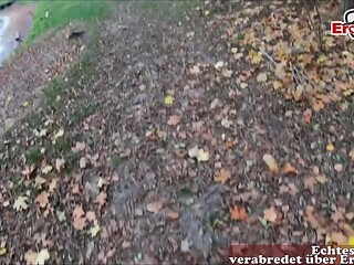 Blonde German MILF with glasses meets stranger for public fucking
