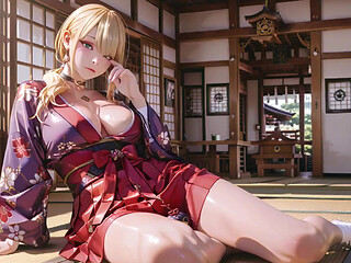 Blonde Goddess in the Japanese Corridor, Lazy Gazes, Hand on Hips, Sunlight Drenching Her Skin