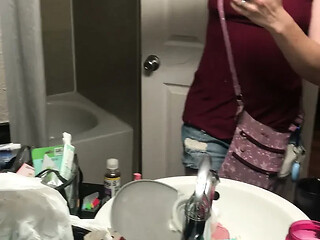 Hottest amateur MILF strips and talks naked in the bathroom