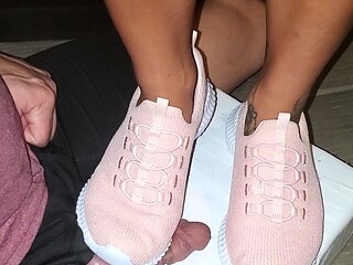 Light femdom and foot fetish play with brunette