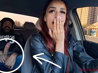 Redhead Driver Catches Passenger Jerking Off In Her Car - Public Handjob & Blowjob