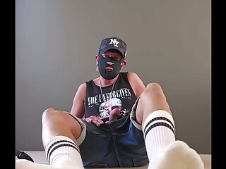 Jeans shorts, sandals, white socks, barefoot, wanking
