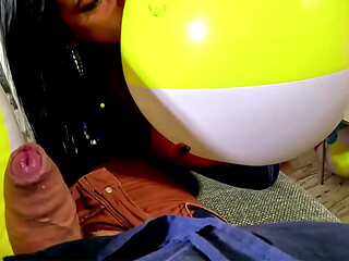 Denim Beach Ball Humiliation. Deepthroat, Popping, Doggy and Double Cum