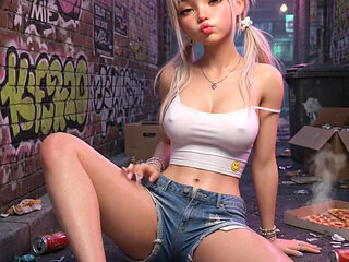 Blonde in public alley, masturbates on the floor with braces and white top