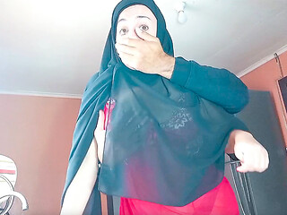 Muslim stepmother in a hijab fucking in the kitchen