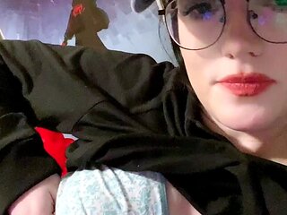 Busty curly brunette with big boobs fucks on couch