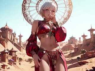 Desert Fantasy! Silver-haired Saintess's Private Dance in the Red-gold Palace, Light Ribbons Wrapping Around Her.