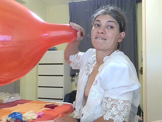 Blow to Pop Big Red Baloon with Nipples Out