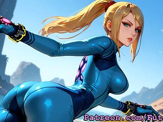 Futanari Samus Aran from Metroid Masturbating
