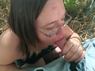 Glasses Girl in a Blue Sundress Sucks Him in a Ruined House - Cum Spills Out