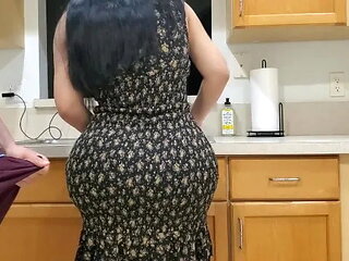Big Ass Stepmom Fucks Her Stepson in the Kitchen after Seeing His Big Boner