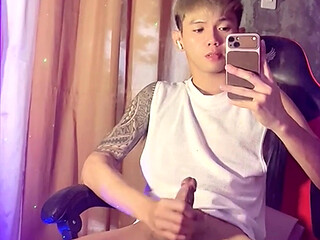 Asian Inked Boy Filming Himself as He Jerks Off