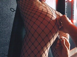 Hot amateur wife in latex and fishnets gets spanked and teased