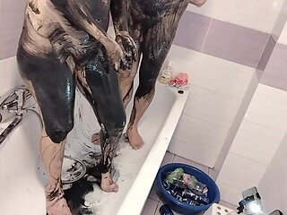 Amateur Couple Takes a Bath, Wife with Hairy Pussy, Big Ass, Big Tits.